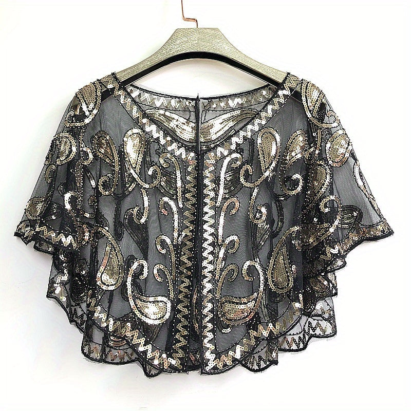 [Sequin Beaded Shawl] Sparkle Sequin Beaded Shawl Short Cape - Mesh Short Cover Up Dress Accessories