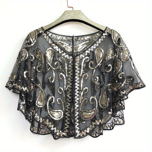 [Sequin Beaded Shawl] Sparkle Sequin Beaded Shawl Short Cape - Mesh Short Cover Up Dress Accessories