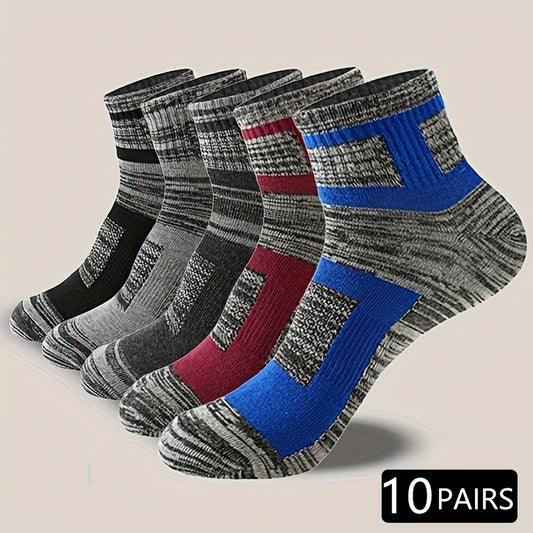 10 Pairs Men'S Color Block Crew Socks - Soft, Breathable & Comfortable for Spring/Summer & Fall/Winter | Perfect Gift for Family & Friends, Machine Washable, Polyester Blend, Solid Color Design, Cute Socks