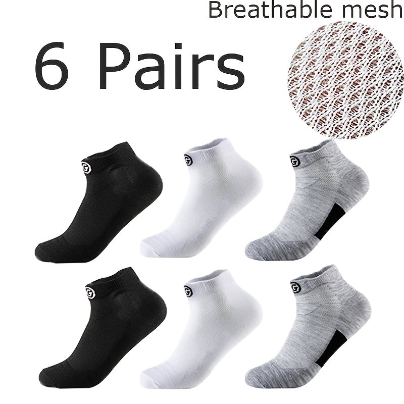 [Soft Athletic Socks] 6/12 Pairs Soft Breathable Men's Athletic Socks | Geometric Pattern, Low-Cut Design for Basketball & Football, Comfortable Polyester Blend, Black & White Options, Sports Socks, Sporty Style, Durable Knit