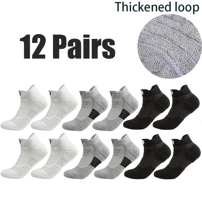 [Soft Athletic Socks] 6/12 Pairs Soft Breathable Men's Athletic Socks | Geometric Pattern, Low-Cut Design for Basketball & Football, Comfortable Polyester Blend, Black & White Options, Sports Socks, Sporty Style, Durable Knit