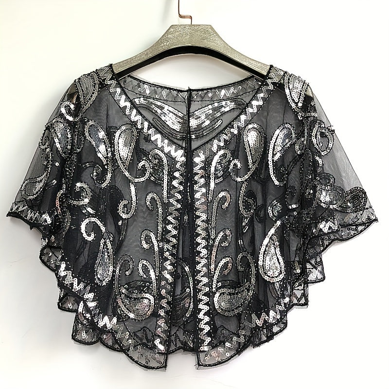 [Sequin Beaded Shawl] Sparkle Sequin Beaded Shawl Short Cape - Mesh Short Cover Up Dress Accessories