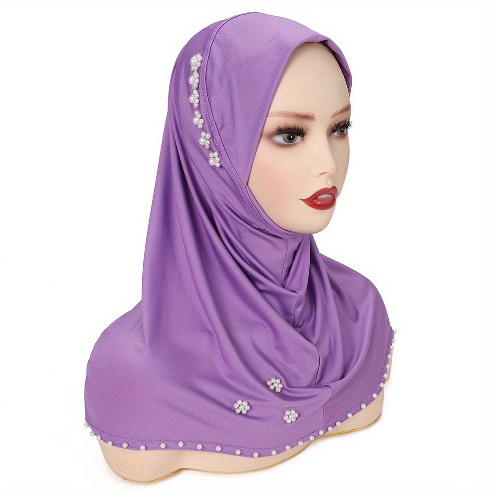 A Solid Color Stretchy Sweat Fabric Headscarf Hat with Pearl Embellishments, Fully Covering The Chin, Suitable for Ramadan.