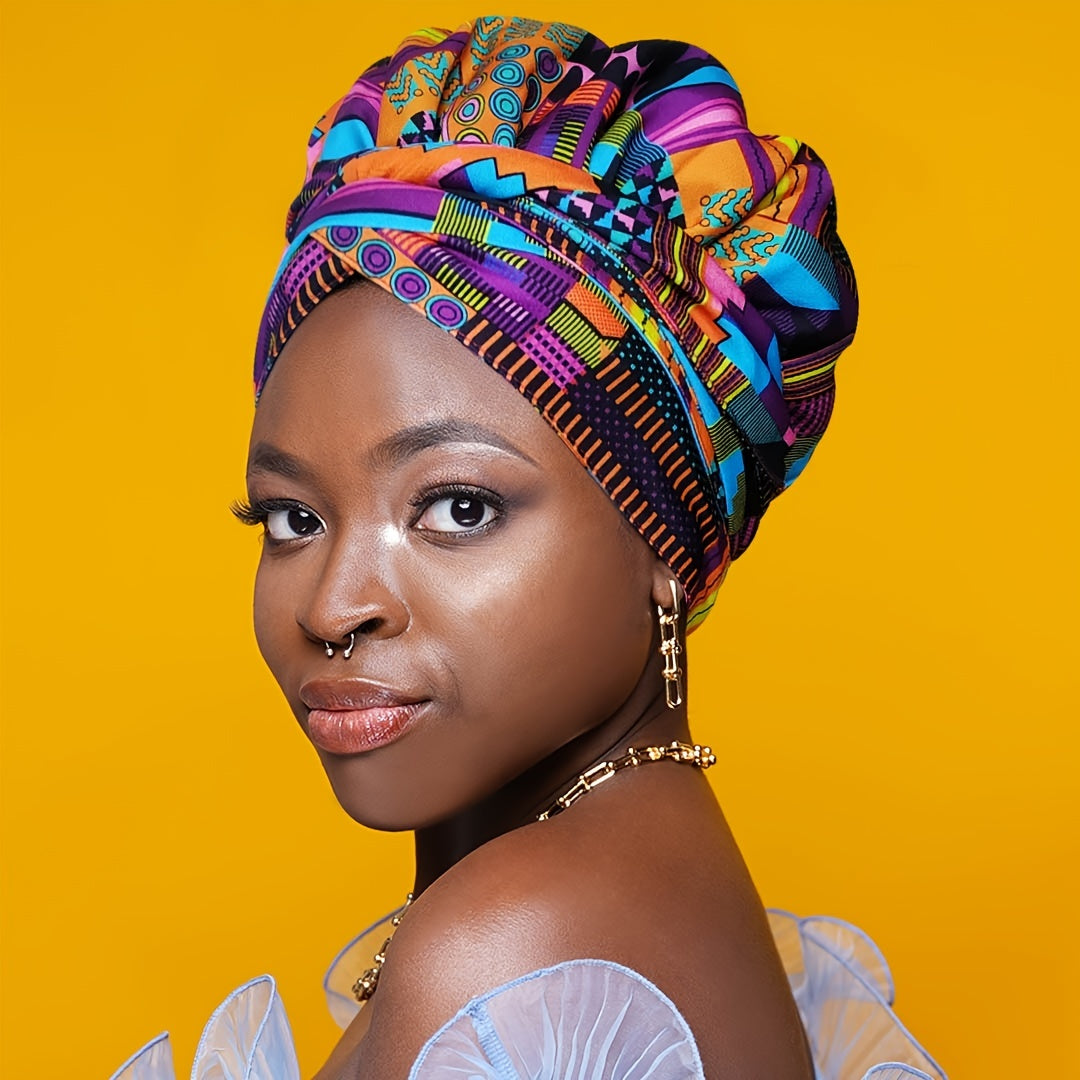 Boho Geometric Print Turban Hat Satin-Lined Head Wraps Vintage Lace Up Headscarf Beanies Bandanas For Women