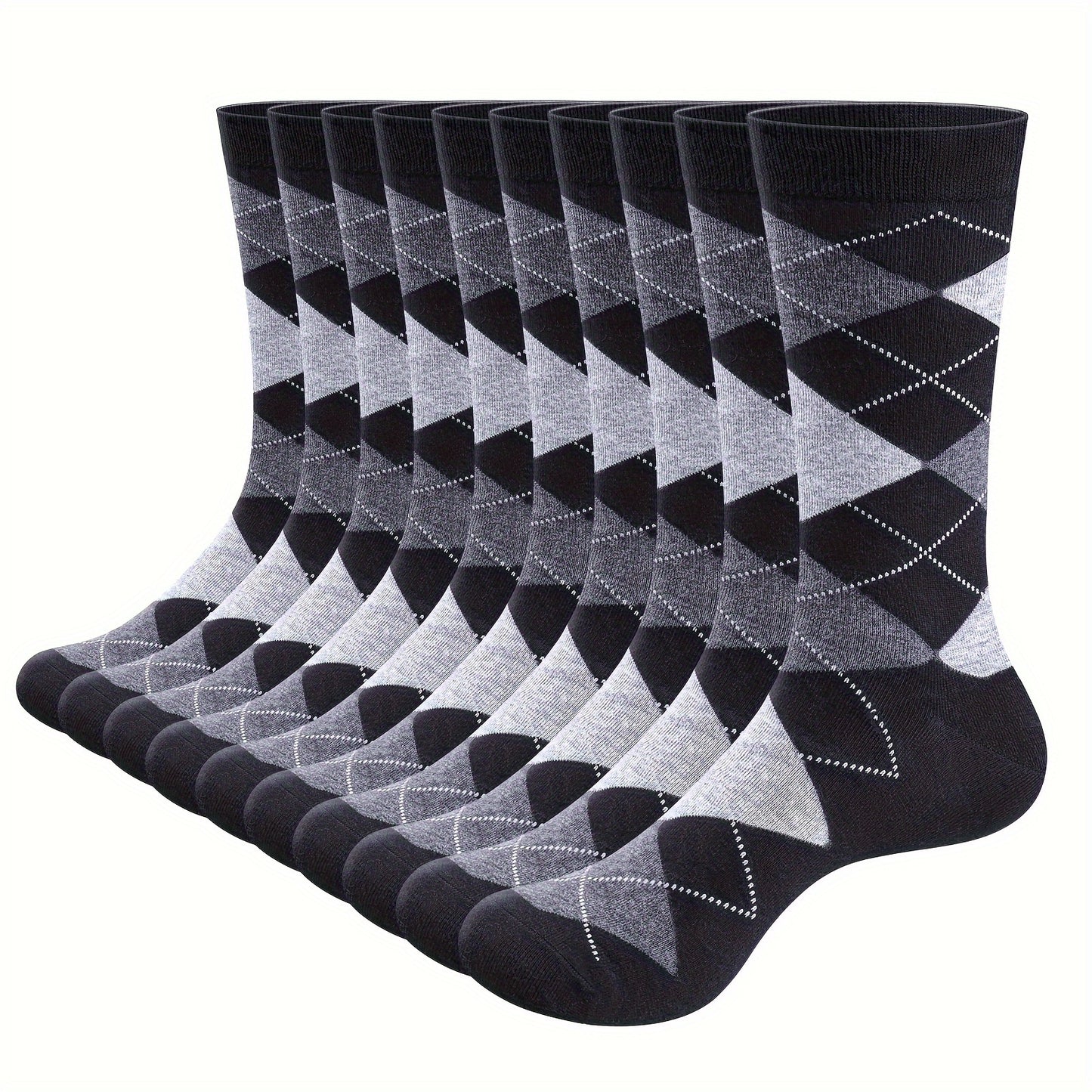 10 Pairs Mens Argyle Striped Solid Ribbed Black Crew Dress Socks Patterned Daily Business Socks Black White