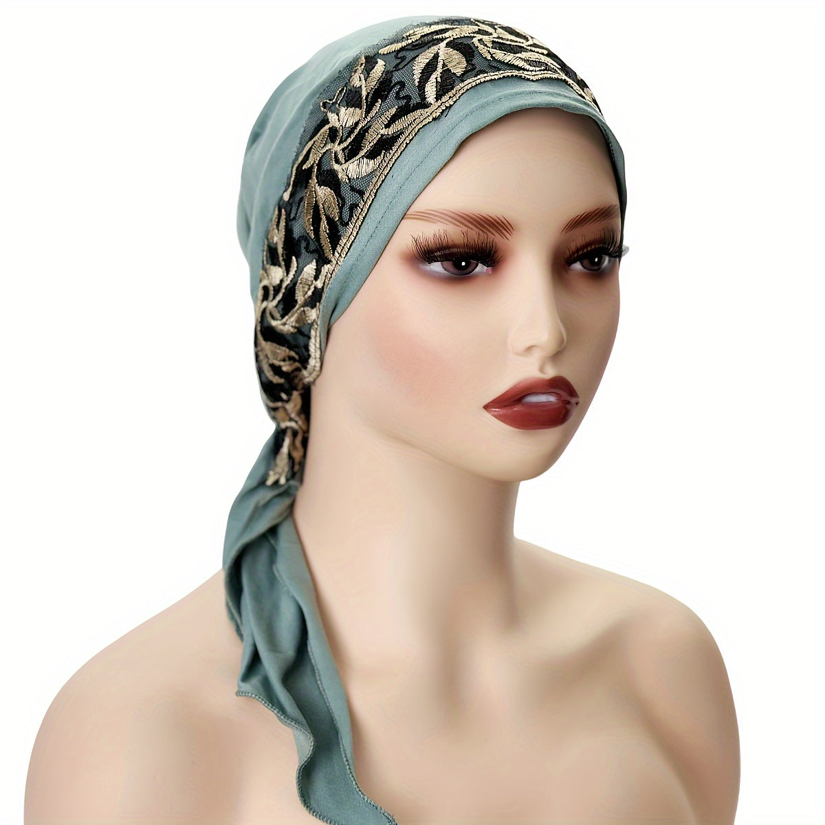 Women's Elastic Embroidered Turban Hat - Lightweight Polyester Knit Cap, Black Pullover Design for New Year Occasion | Easy Hand Wash | Elastic Band Fit