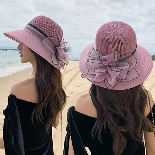 [Stylish Sun Hat] Lightweight & Stylish Women's Adjustable Wide Brim Sun Hat | Breathable Organza Fishing Hat with Floral Accent - Spring/Summer Outdoor Protection, Beachwear Accessory, Decorative Bow Detail