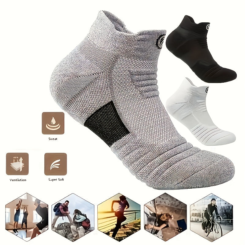 12 Pairs of Men's Anti-Slip Absorbent Sports Ankle Socks with Thick Fleece, Geometric Cushioning and Breathable Design for Basketball, Outdoor Activities, Marathon, Casual Wear