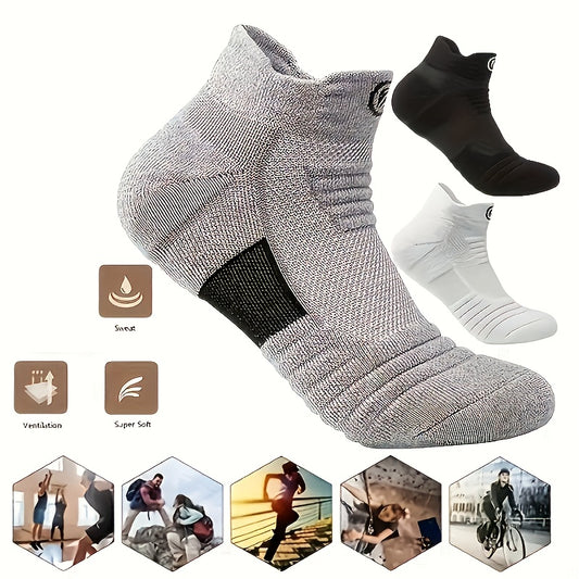 12 Pairs of Men's Anti-Slip Absorbent Sports Ankle Socks with Thick Fleece, Geometric Cushioning and Breathable Design for Basketball, Outdoor Activities, Marathon, Casual Wear