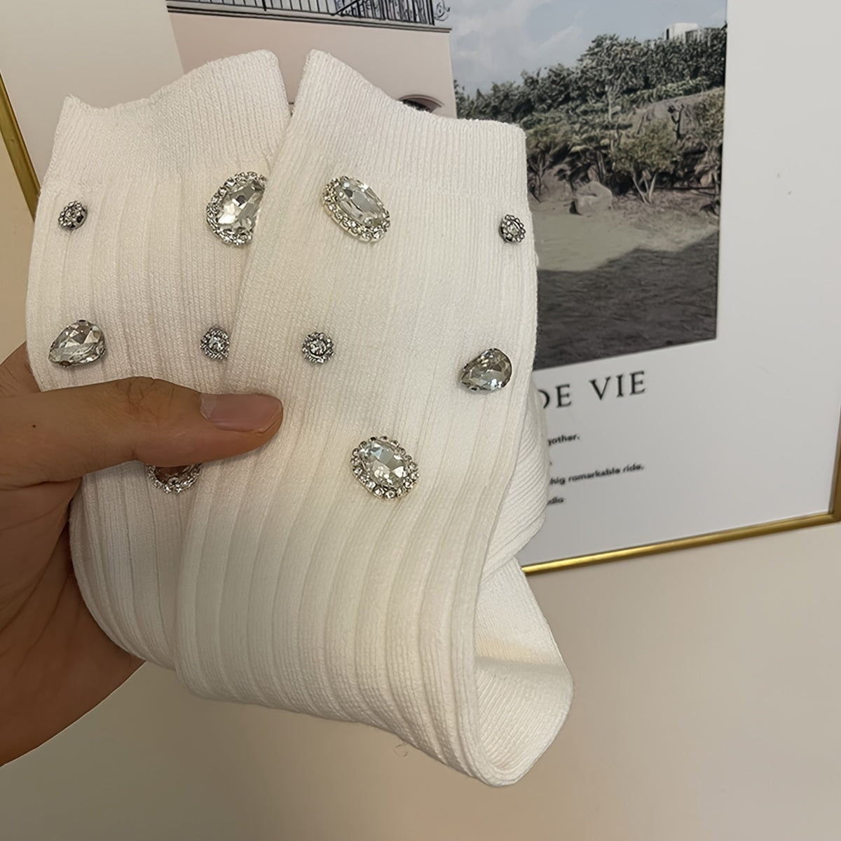 [Diamond Embellished] Sparkling Diamond-Embellished Calf Socks | 1 Pair | Nylon/Polyester Blend | Ribbed Texture | Dates & Parties | Black, White, Gray, Pink | Cozy & Stylish