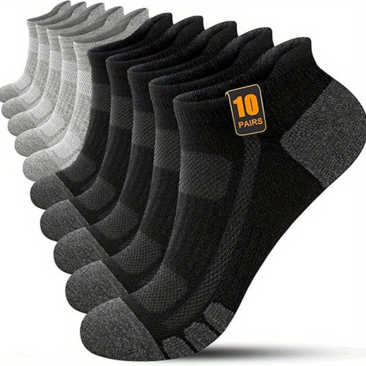 [Breathable Casual Socks] 10 Pairs Men's Low-Cut Casual Socks | Breathable Cushioned Comfort, Elastic Ribbed Cuff, Solid Color (Black/Gray) for Casual Attire