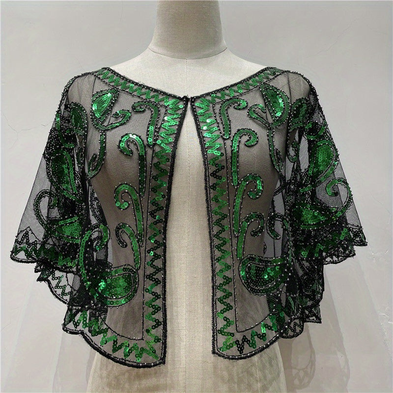[Sequin Beaded Shawl] Sparkle Sequin Beaded Shawl Short Cape - Mesh Short Cover Up Dress Accessories