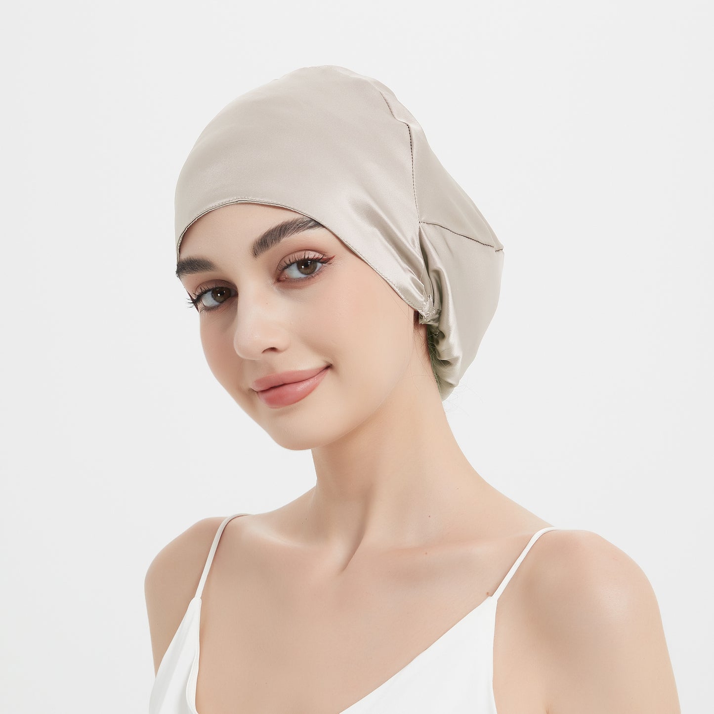 [Silk Sleep Cap] RACHELSILK 100% Mulberry Silk Double Layer Sleep Cap | Adjustable Elastic Band, Smooth & Soft Hair Protection Night Hat for Women, Beige, Easy Slip-On Design, Reduces Frizz & Split Ends