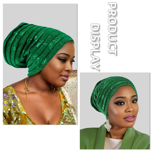[Luxurious Headwrap] Luxurious Golden Green Turban-Style Headwrap | Women's Nigerian Wedding Headpiece with Elastic Breathable Fabric, Hand Washable, Traditional African Muslim Veil for Bridal & Festive Occasions