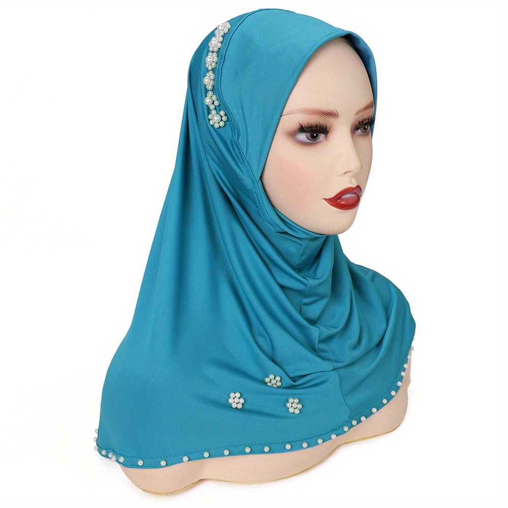 A Solid Color Stretchy Sweat Fabric Headscarf Hat with Pearl Embellishments, Fully Covering The Chin, Suitable for Ramadan.