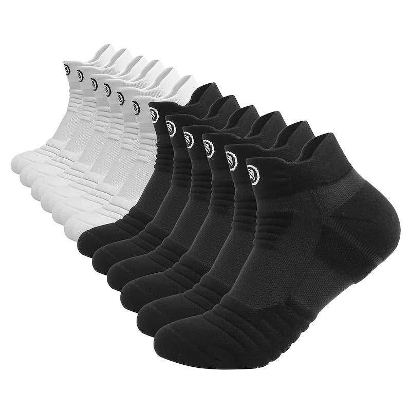 12 Pairs of Men's Anti-Slip Absorbent Sports Ankle Socks with Thick Fleece, Geometric Cushioning and Breathable Design for Basketball, Outdoor Activities, Marathon, Casual Wear