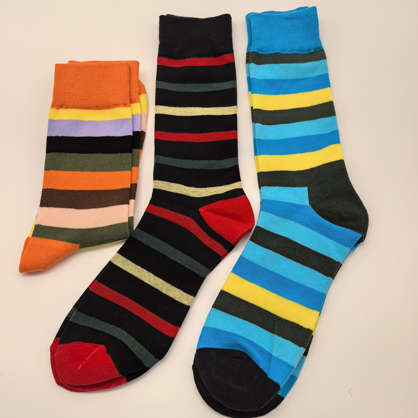 10 Pairs of Colorful Striped Socks - Polyester, Knit Fabric, Hand Wash Only, Various Colors & Patterns for Couples, Casual Wear Socks|Striped Socks|Polyester Socks