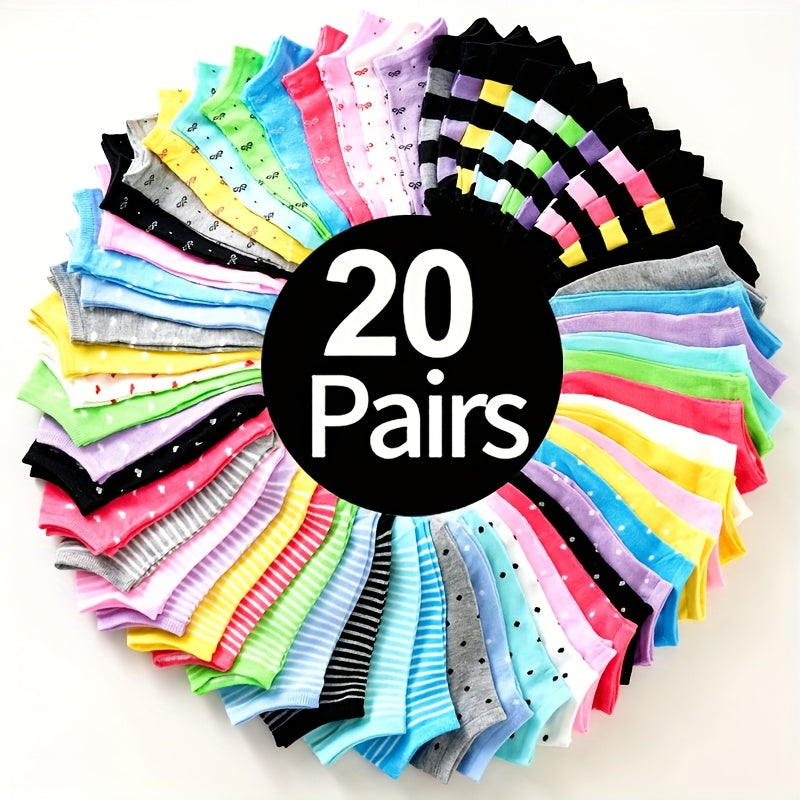 10/20 Pairs Women’s Candy-Colored Ankle Socks - Pink, Green, Yellow, Blue, Purple, Rainbow Gradient - Soft, Breathable, and Comfortable Low-Cut Design with Fun Patterns (Hearts, Stripes, Polka Dots), Cute Socks
