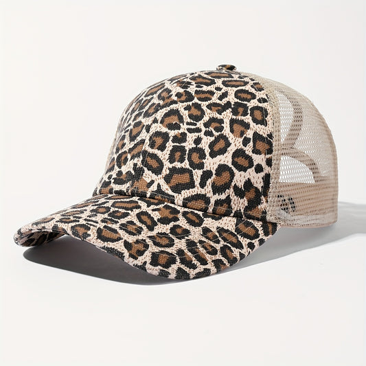 1pc Women'S Sexy Leopard Print Baseball Cap with Ponytail Hole - Breathable Mesh Back, Adjustable Snap Closure, Wide Brim for, Perfect for Streetwear & Outdoor Activitie