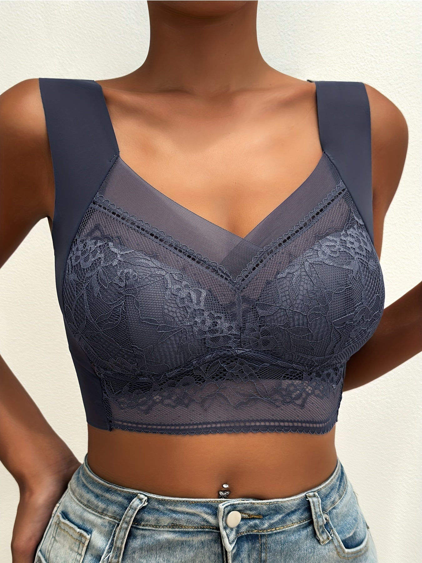 [Wireless Bralette] QVR Seamless Lace Bralette - Wireless, Full Coverage, Push-Up, Comfortable Nylon Blend, Non-See-Through - Elegant Brown, Casual Lingerie|Floral Lace Design