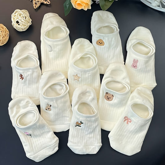 10 Pairs Women's Ankle Socks - Cute Animal Embroidery Designs (Bears, Rabbits, Deer) - Soft Breathable Fabric - White with Pastel Accents - Casual & Formal Wear - Hand Wash/Dry Clean, Cute Socks, Comfortable Footwear, Playful Sock Designs, Embroidered Det