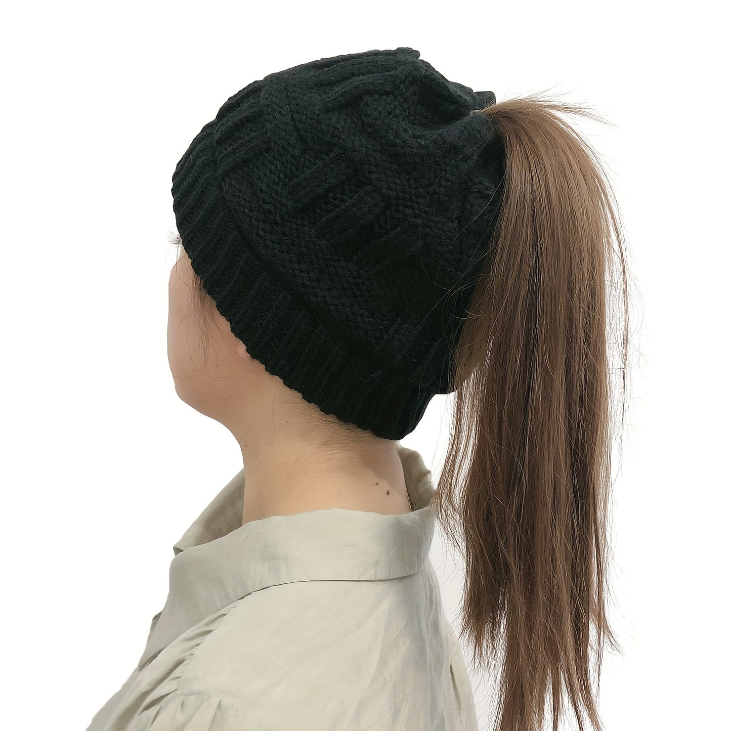 1/2/5pcs Ponytail Hats, Solid Color Versatile Beanies, Winter Thick Warm Elastic Caps for Women