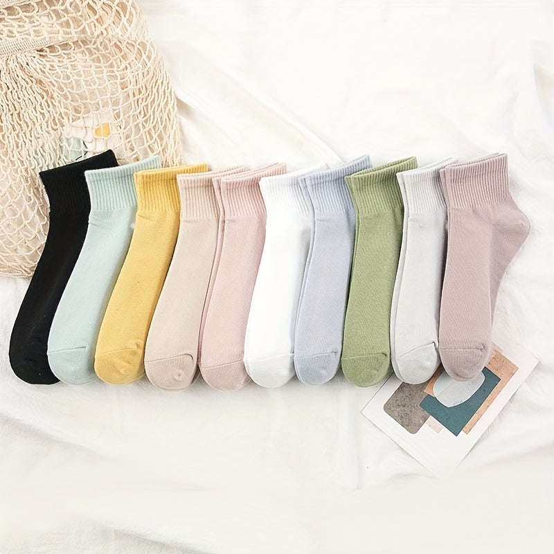 10 Pairs Solid Short Socks, Soft & Comfy All-match Crew Socks, Women's Stockings & Hosiery