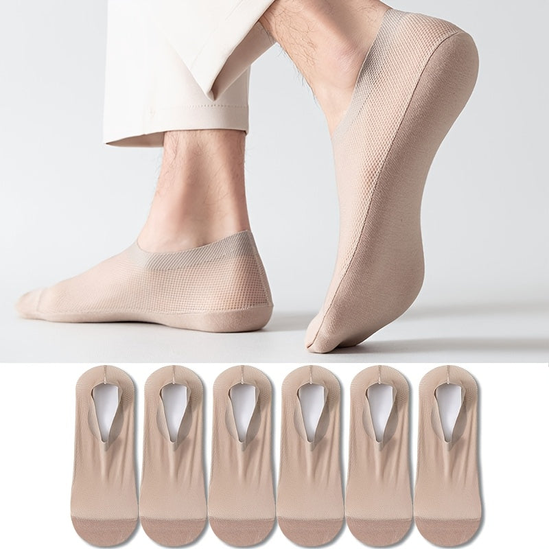 [Soft No-Show Socks] 6 Pairs Men's Soft Breathable No-Show Socks | Hollow Mesh, Skin-Friendly, Non-Slip Towel Bottom, Solid Color, Nylon 70% Spandex 30%, Machine Washable