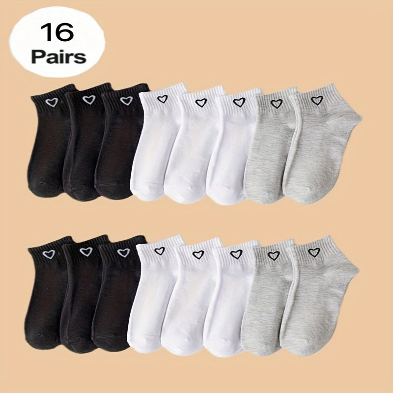 [Cute Socks] Cute Japanese 8/10/16/20/24 Double Solid Color Love Couple's Breathable Odor Proof Women's Short Socks | Daily Use, Black and White Gray, Ins Style, Versatile