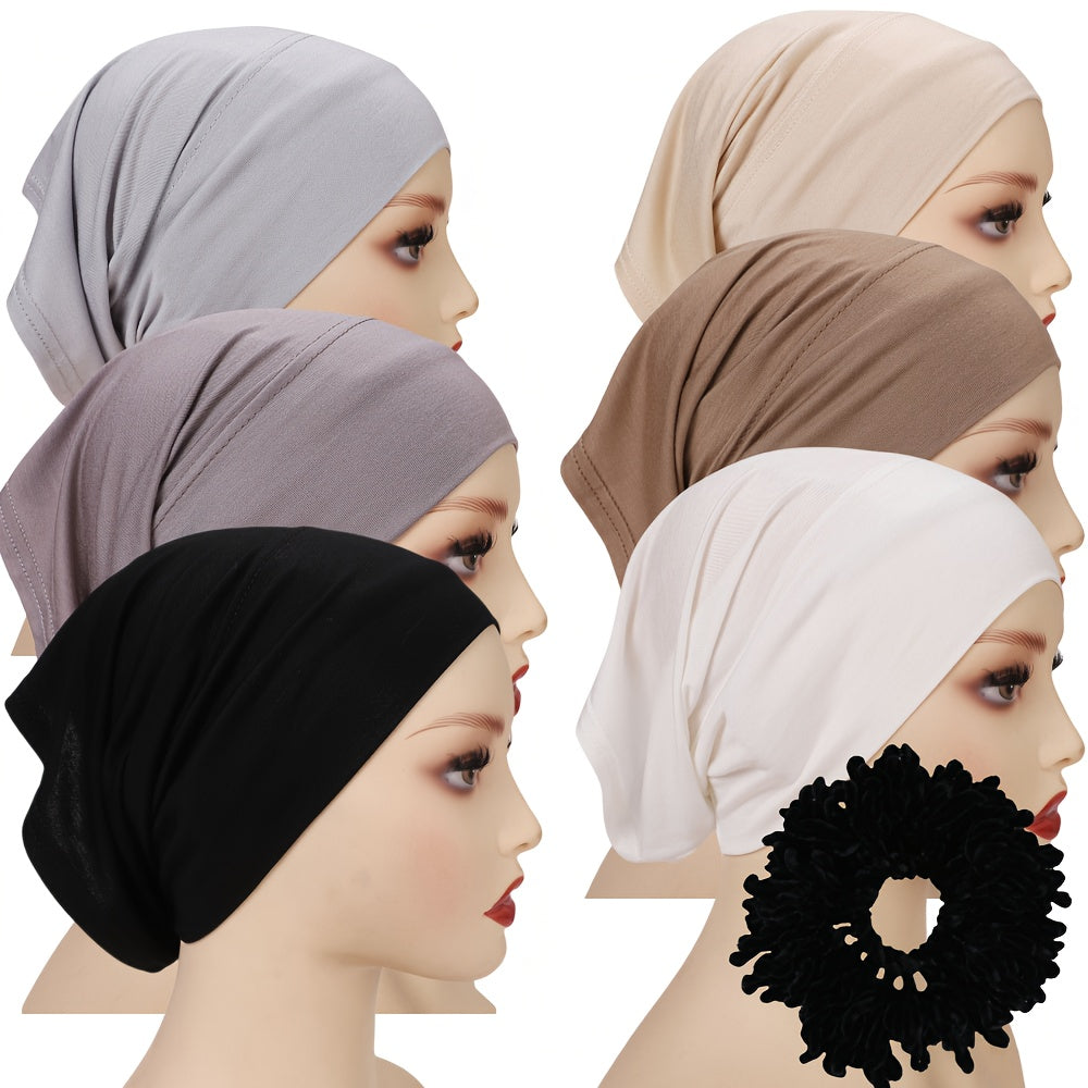 6 Wide-Brimmed Base Hats + 1 Hair Band, Muslim Women'S Headscarf, Non-Pilling And Non-Fading Polyester Breathable Headgear, Large Elastic And Durable All-Season Versatile Tube Hat