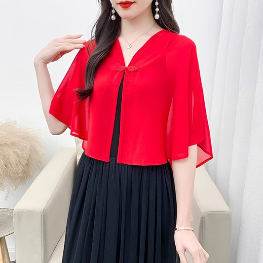 [Chiffon Cloak Cardigan] Women's Lightweight Chiffon Cloak Cardigan - Retro-Inspired Short Capelet with Decorative Bow, Breathable Shawl Vest for Spring/Summer, Versatile Solid Color Cover-Up for Dresses & Blouses, Cardigan for Dress, Summer Layering Piec