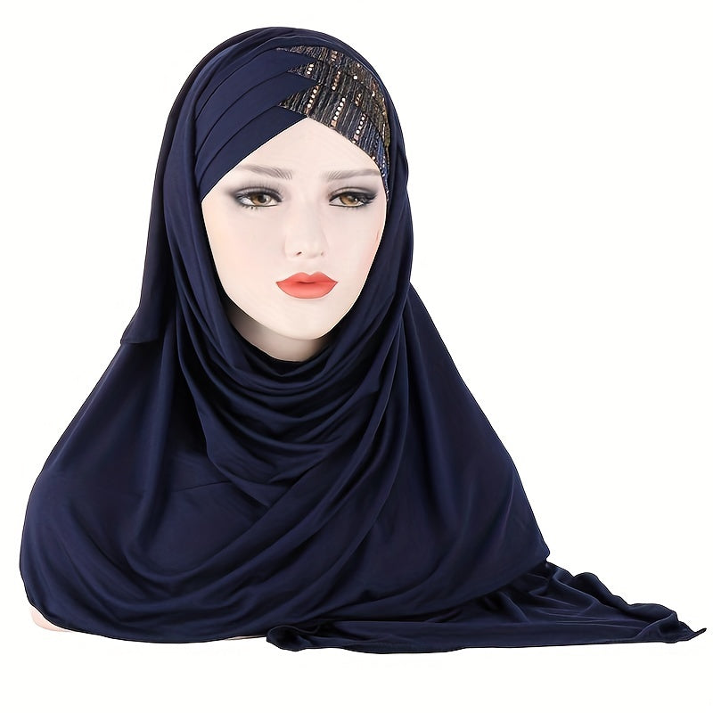 Forehead Sequins Instant Hijab Solid Color Soft Smooth Stretchy Pullover Head Wrap Casual Sunscreen Turban