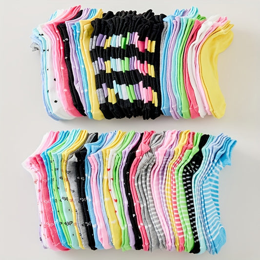 10/20 Pairs Women’s Candy-Colored Ankle Socks - Pink, Green, Yellow, Blue, Purple, Rainbow Gradient - Soft, Breathable, and Comfortable Low-Cut Design with Fun Patterns (Hearts, Stripes, Polka Dots), Cute Socks