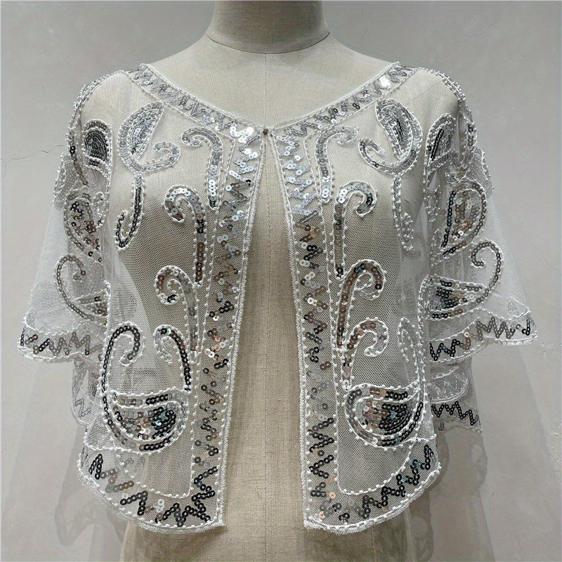 [Sequin Beaded Shawl] Sparkle Sequin Beaded Shawl Short Cape - Mesh Short Cover Up Dress Accessories