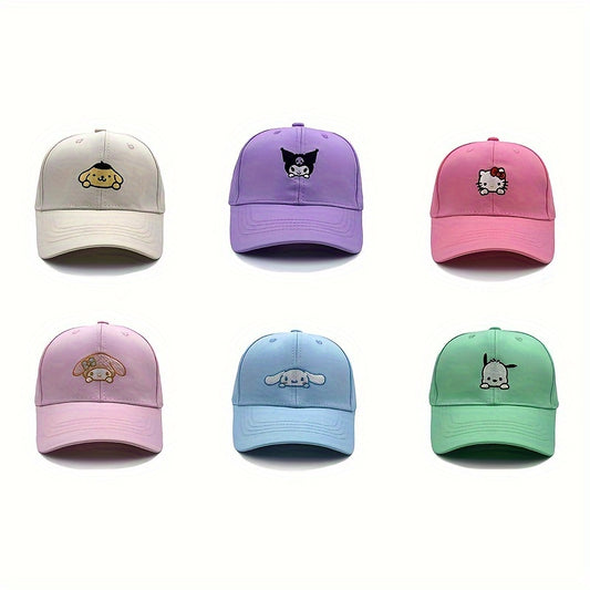[Sanrio Anime Hat] Sanrio Hello Kitty Cinnamoroll Kuromi Melody Embroidered Baseball Caps | Elastic Adjustable Snapback, Pastel Colors, Machine Washable, Casual Sun Hat for Women & Anime Fans