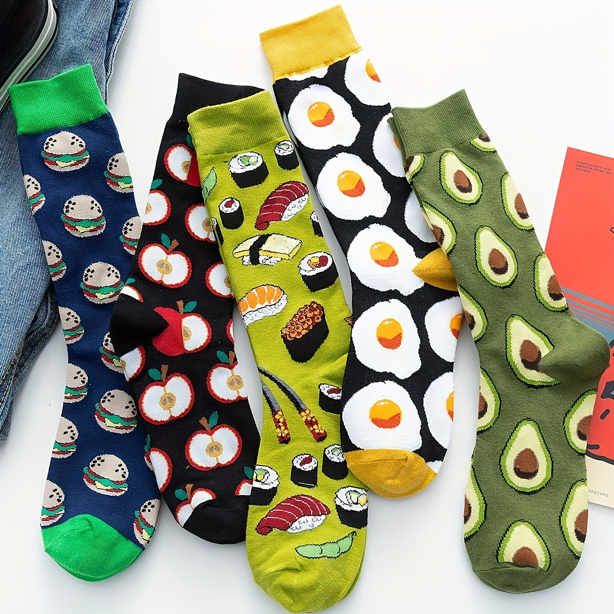 [Cute Food Socks] 5-Pair Women's Short Socks | Food-Themed Patterns with Colorful Toe Caps - Breathable Machine-Washable Casual Crew Socks for Daily Wear & Fashion