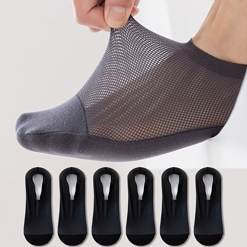 [Soft No-Show Socks] 6 Pairs Men's Soft Breathable No-Show Socks | Hollow Mesh, Skin-Friendly, Non-Slip Towel Bottom, Solid Color, Nylon 70% Spandex 30%, Machine Washable