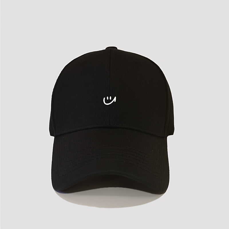 1pc Women's Adjustable Baseball Cap with joyful Face Print - Lightweight, Breathable Polyester, Black with White Stitching, Perfect for Outdoor Sports & Casual Wear