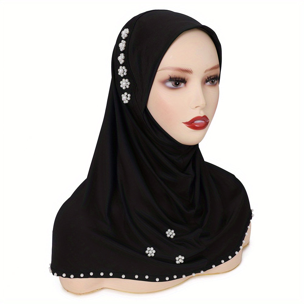 A Solid Color Stretchy Sweat Fabric Headscarf Hat with Pearl Embellishments, Fully Covering The Chin, Suitable for Ramadan.