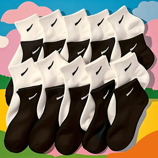 10 Pairs Soft & Comfortable Unisex Ankle Socks with Striped Design - Black & White, Ribbed Cuff, Perfect for Couples, Casual Wear, and Sports, Casual Socks | Striped Socks | Texture
