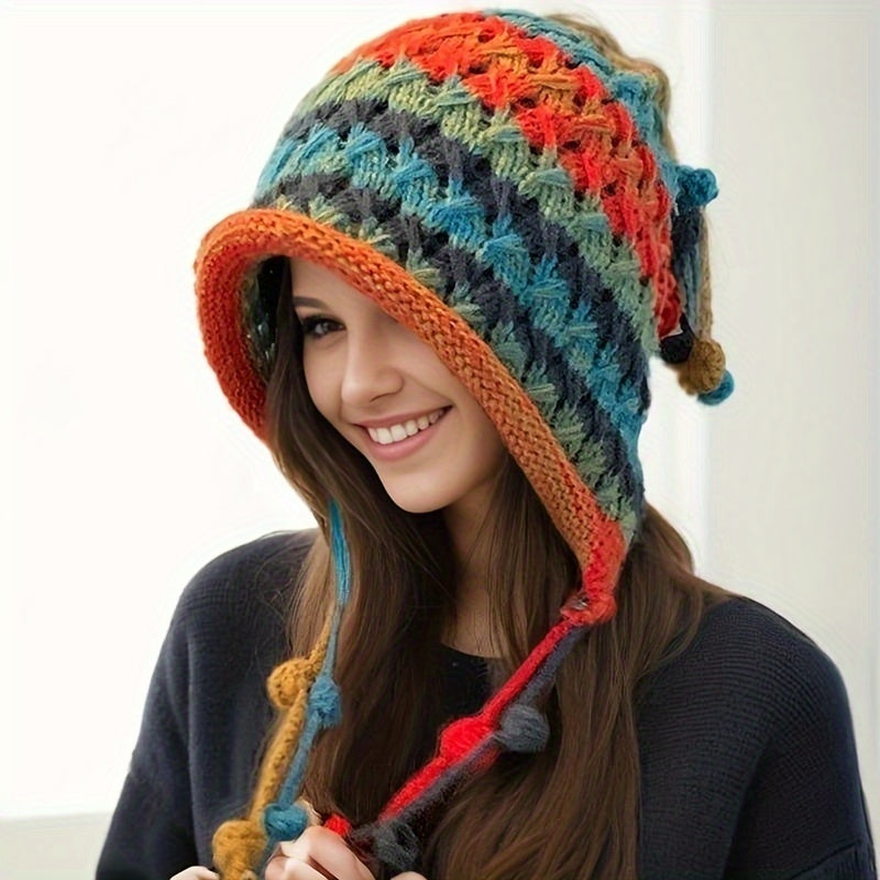 [Hand-Crocheted Women's Hat] Hand-Crocheted Women's Colorful Hat with Ear Protection & Tassel Details | Thick Warm Dopamine Design for Autumn Winter, Christmas Valentine's Easter New Year Gifts, Festive Accessory, Bohemian Style, Soft Texture, Holiday Gif