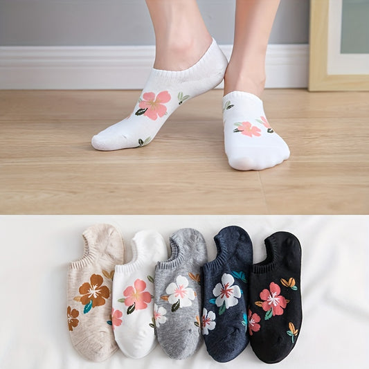 [Floral Ankle Socks] 5 Pairs Women's Floral Print Ankle Socks | Invisible No-Show Breathable Short Socks with Pink Flower Design, Multi-Color Options for Casual & Formal Wear, Machine Washable, Novelty Socks