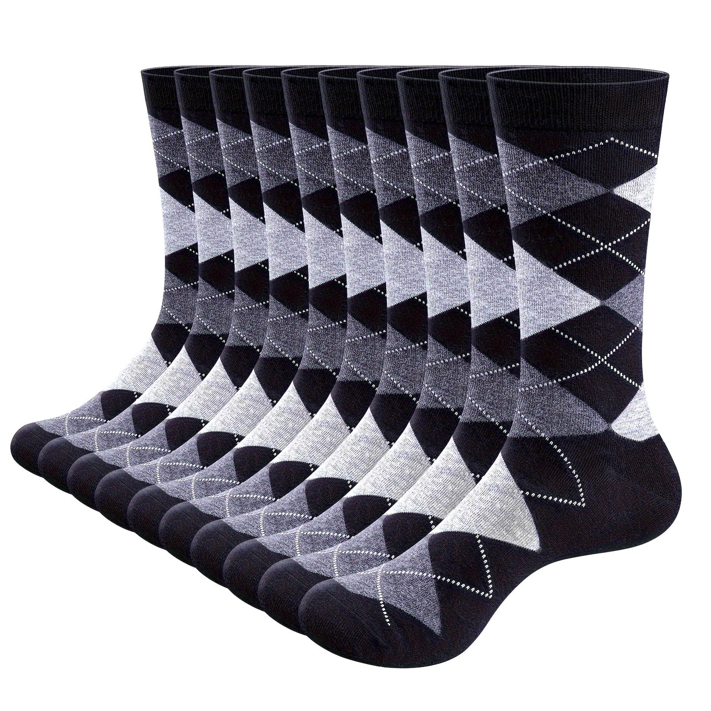 10 Pairs Mens Argyle Striped Solid Ribbed Black Crew Dress Socks Patterned Daily Business Socks Black White
