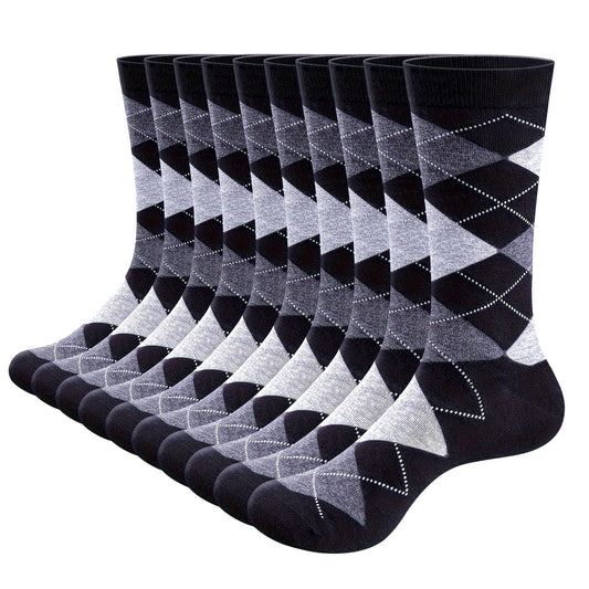10 Pairs Mens Argyle Striped Solid Ribbed Black Crew Dress Socks Patterned Daily Business Socks Black White