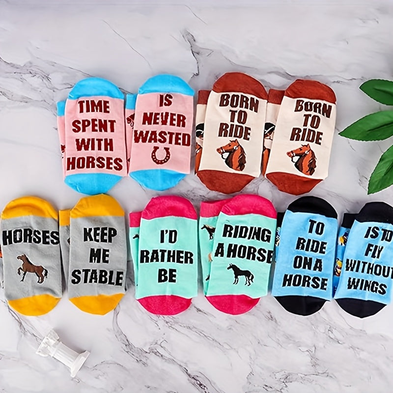 [Fun Horse Socks] 10 Pairs Quazilli Knit Fabric Horse Lover Socks | Mixed Color, Polyester & Elastane, Machine Washable, Fun Animal Patterns, Perfect for Women & Men, Birthday & Christmas Gift