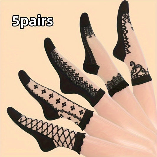 [Comfy Socks] 5/6 Pairs Comfy & Breathable Vintage Embroidery Socks | Women's Short Mesh Socks, Stockings & Hosiery