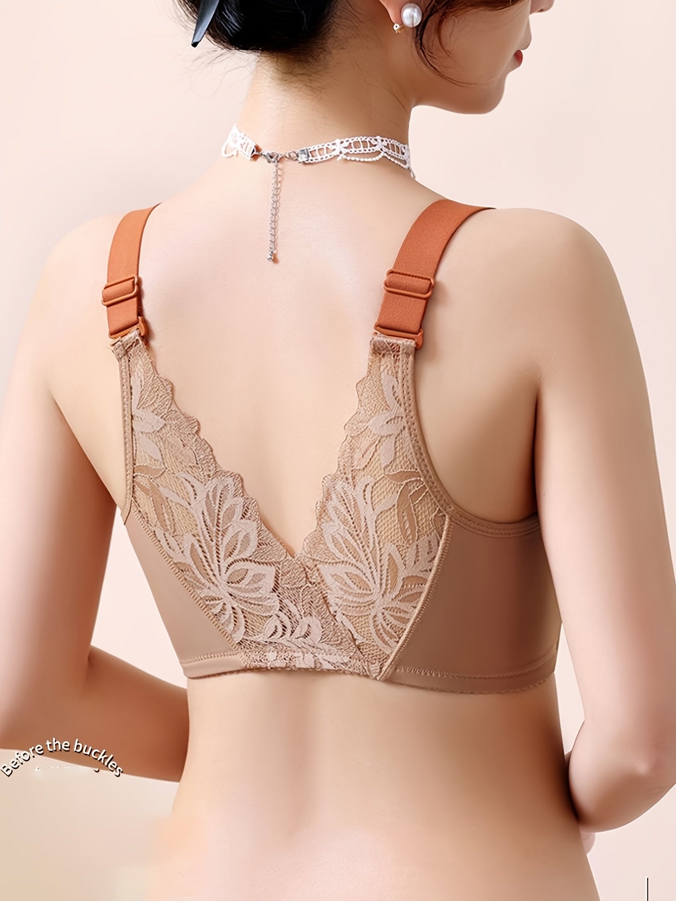 [Sexy Lace-like Floral Bra] Sexy Lace-like Floral Women's Front Closure Wireless Bra | Adjustable Lift, Anti-Sagging Full Coverage, No Padding, Soft Comfort Fit for Everyday & Special Occasions (Brown/Tan) - Hand Washable