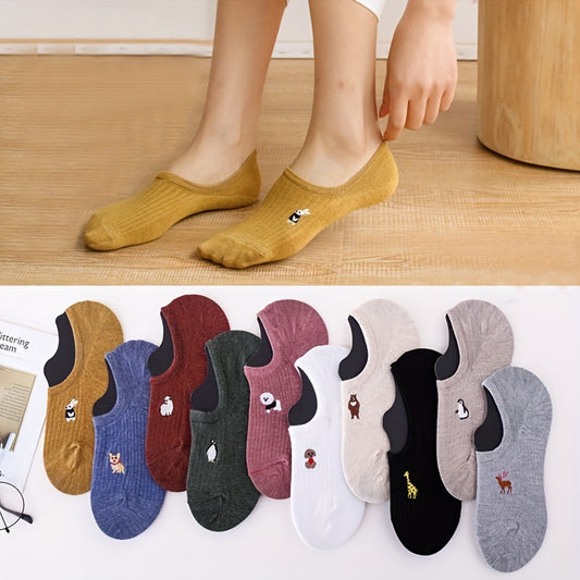 [Cute Ankle Socks] 10 Pairs Lightweight No-Slip Silicone Grip Women's Ankle Socks | Breathable Cute Cartoon Animal Designs with Reinforced Toe & Multi-Color Options