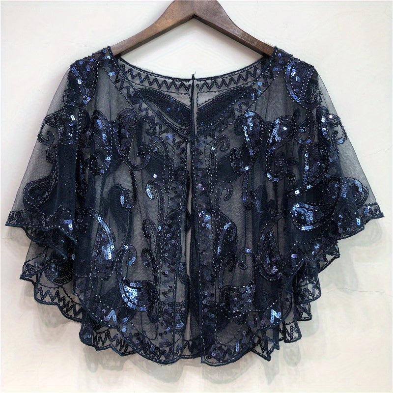 [Sequin Beaded Shawl] Sparkle Sequin Beaded Shawl Short Cape - Mesh Short Cover Up Dress Accessories