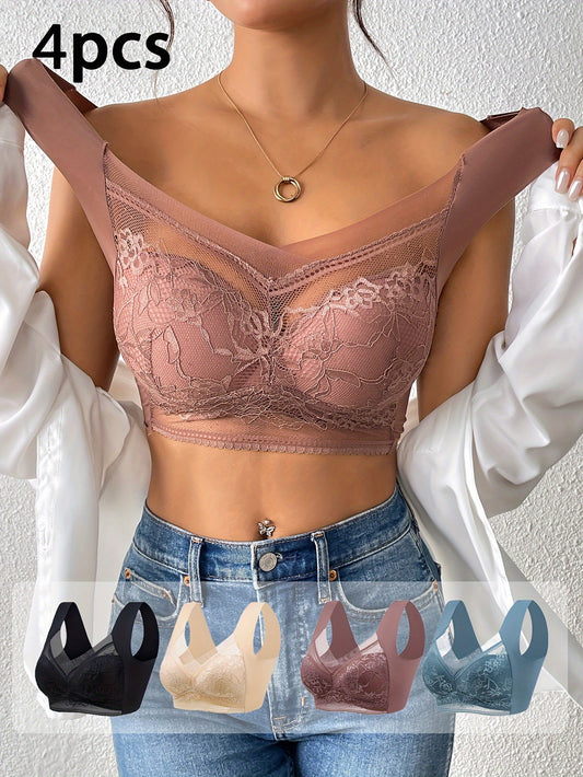 [Lace Underwear] 4pcs Mixed Color Women's Lace Underwear | Daily Bra, No Steel Ring